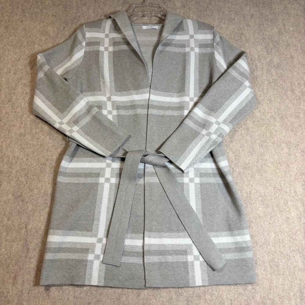 Sioni Cardigan Sweater Womens L Gray Rayon Plaid Hooded Belted Wrap Chic Classic